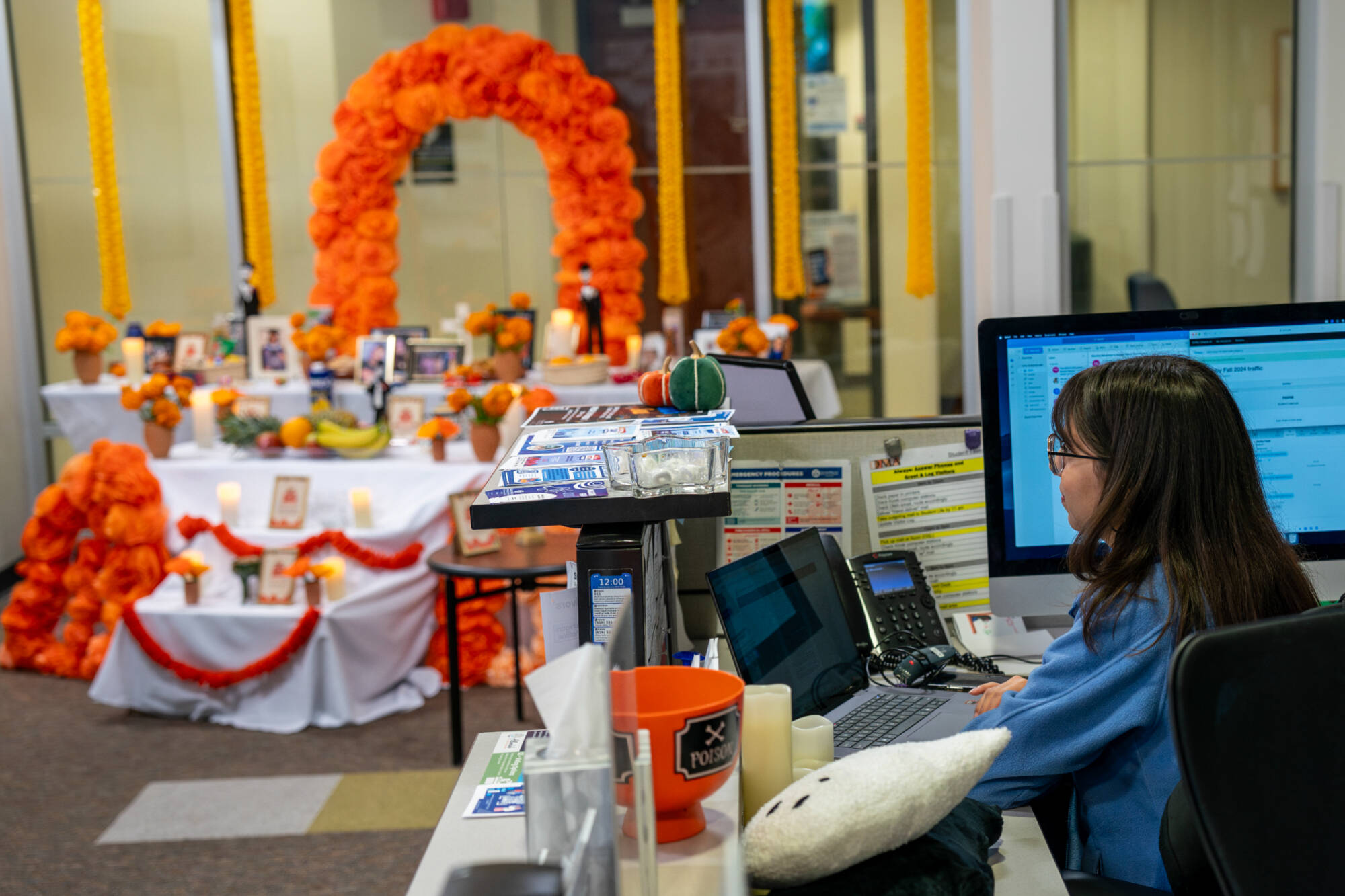 Legal studies major Lucero Arizaga, works near the Día de Muertos (Day of the Dead) altar in the Office of Multicultural Affairs on November 1.